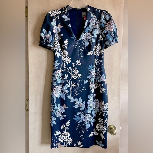 Vince Camuto Floral Navy Blue White Puff Sleeve Sheath Dress Size M 10 - Picture 2 of 15